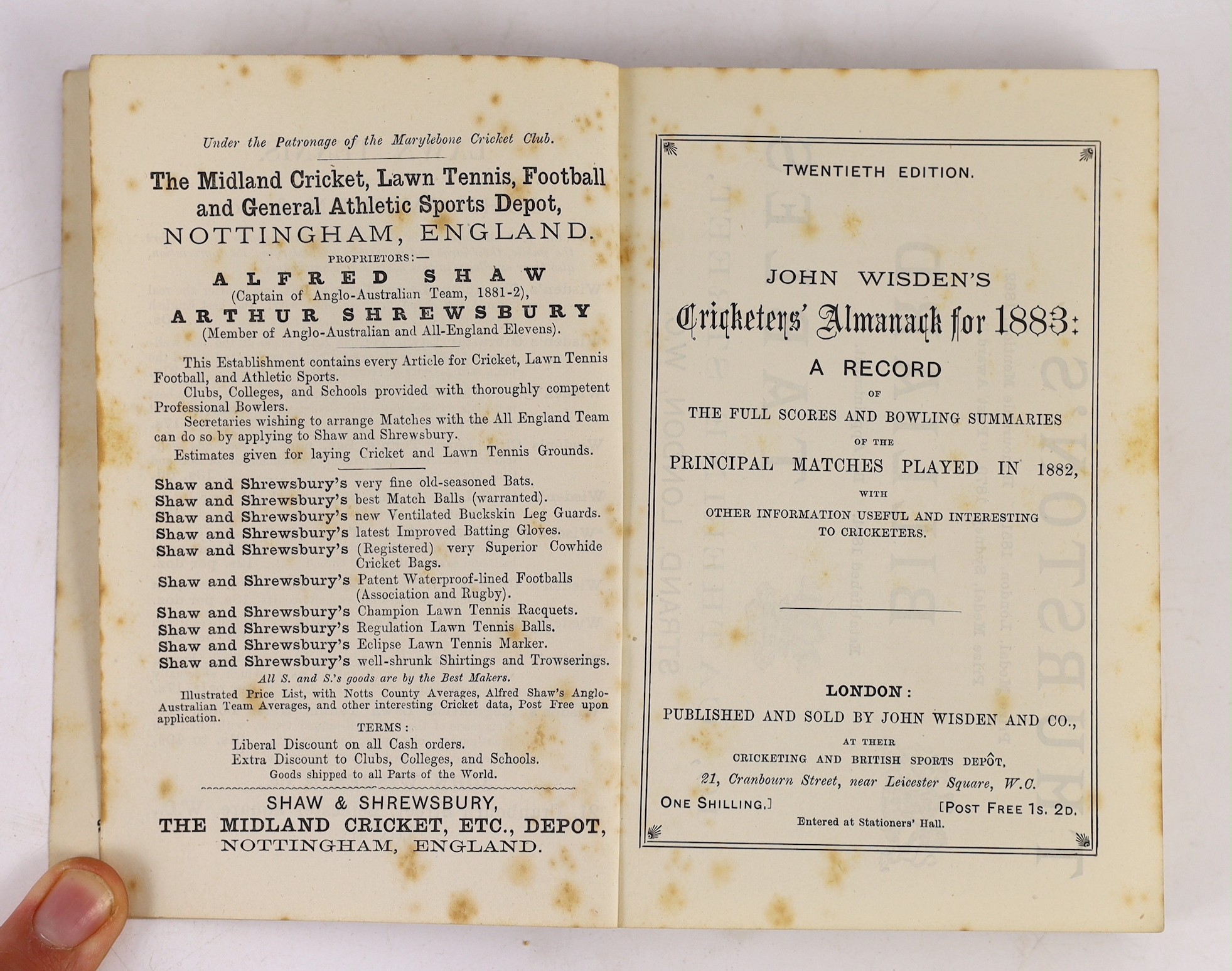 Wisden, John - Cricketers’ Almanack for 1883, 20th edition, original paper wrappers, spotting to early advertisements, title, endpapers and page edges.